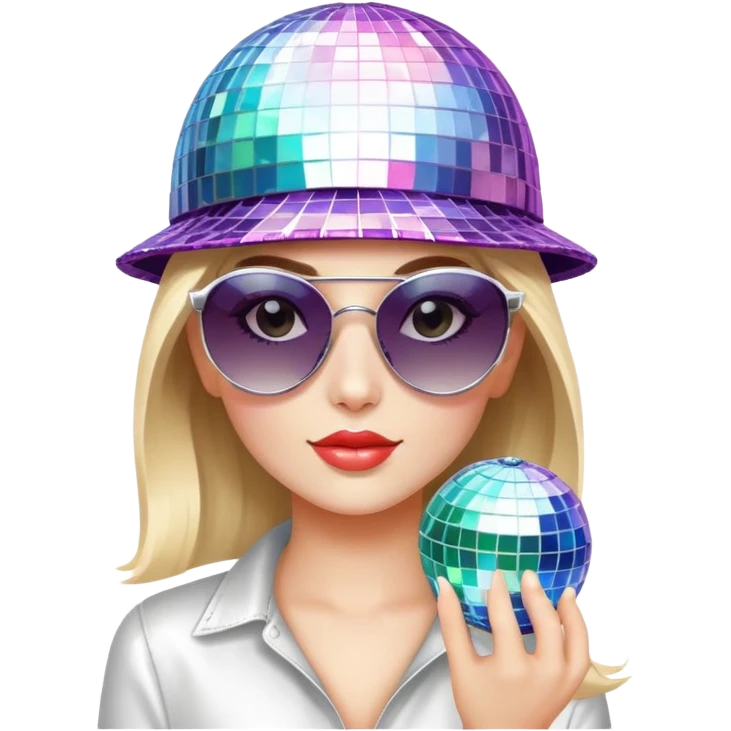 a girl with cool shades and a disco ball hat emoji