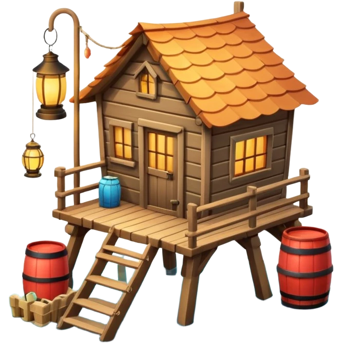 
fisherman house on a wooden pier, small dock, fishing nets hanging, barrels, lantern, ocean vibe, 3D cartoon, cute mobile game icon, clean background, no text
 emoji