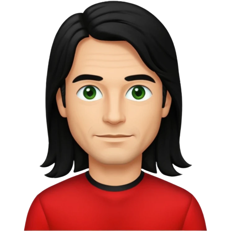 Robert Pilatus, German Singer (1964-1998) with tan skin, long black hair, green eyes, red outfit emoji
