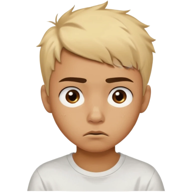caramel skin color. Teen age. Short buzz, messy blonde hair, dark brown bushy eyebrows large expressive golden-brown eyes, brown skin color, scar over nose, wearing a plain white t-shirt. Disappointed thinking facial expression. caramel skin color emoji