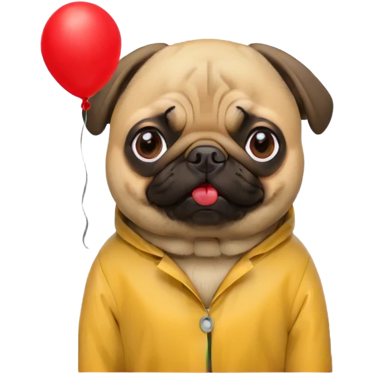 pug in a yellow raincoat holds a red balloon like the boy from the movie "It" emoji