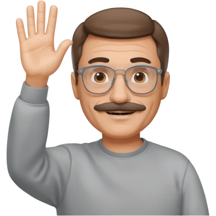 60 yr man partial brown hair parted in center, mustache, light glasses, sweatshirt waving hello emoji