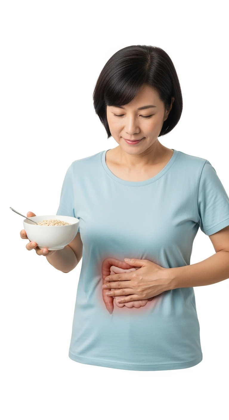donna con bowl di avena in mano e intestino in evidenza, isolata su sfondo bianco emoji