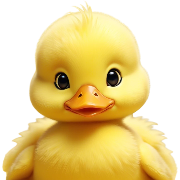 Cinematic Cute Yellow Baby Duck Portrait Emoji, Head tilted playfully and inquisitively, featuring a fluffy, vibrant yellow downy coat with a tiny delicate beak, round, sparkling eyes filled with curiosity, Simplified yet irresistibly adorable features, highly detailed, glowing with a warm, friendly glow, high shine, affectionate and spirited, stylized with a touch of playful whimsy, bright and endearing, soft glowing outline, capturing the essence of a mischievous yet loving duckling, so playful it feels like it could peep out of the screen and into your arms! emoji