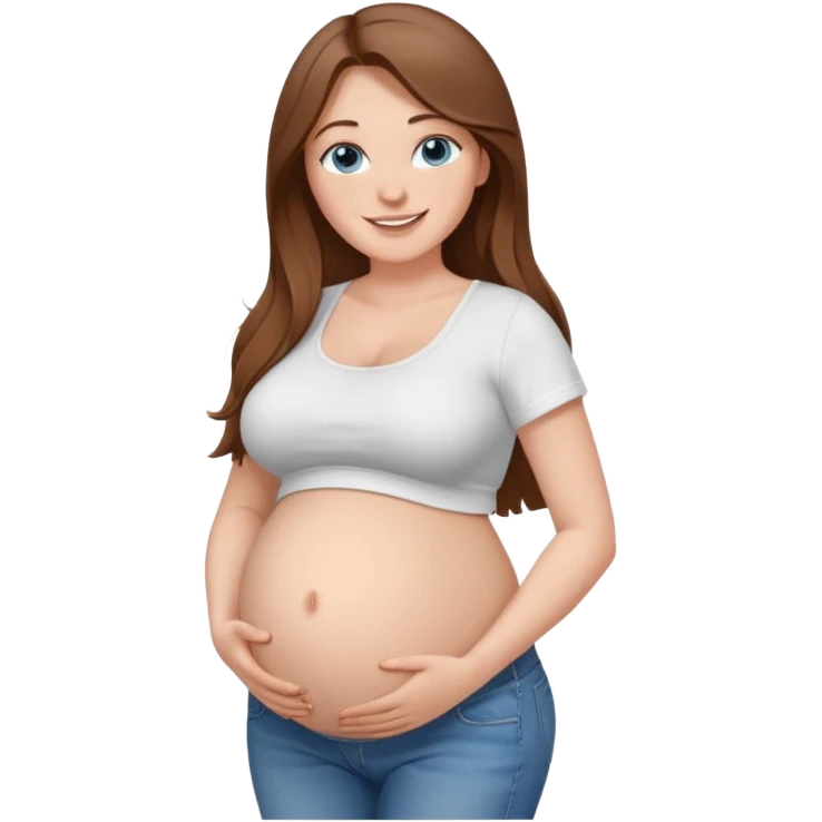 White girl, 18, long brown hair, blue eyes, white crop top, jeans, huge pregnant belly, big boobs, side view, skinny, bare midriff, smiling emoji