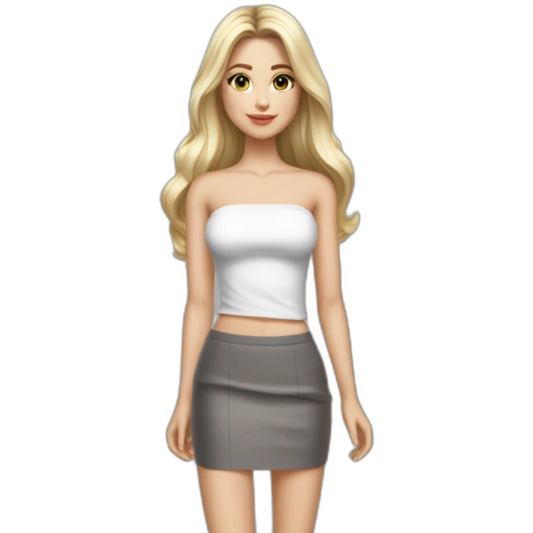 hyperrealist caucasian long hair blonde brown eyes strapless white top gray tight mini skirt black shoes full body emoji
