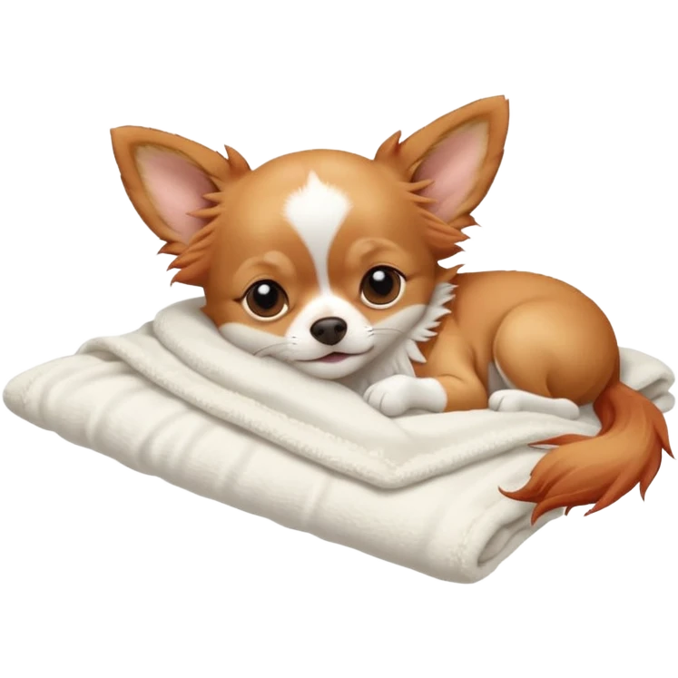 Long haired chihuahua, beige/redhaired with white chest and white socks, sleeping cutely under blanket emoji