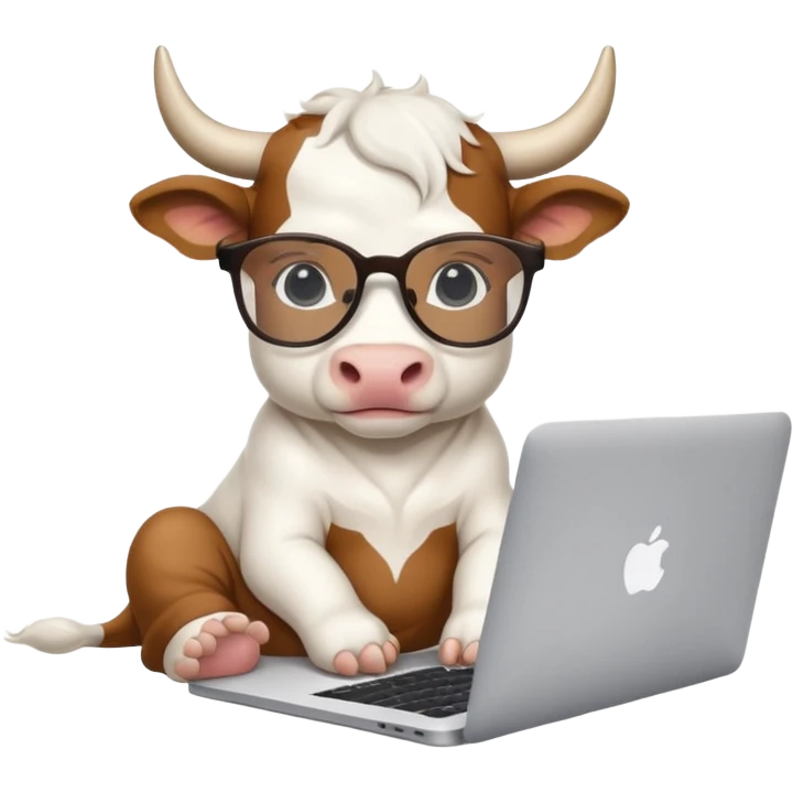 baby white bull in fancy glasses sitting in front of a macbook, working  emoji
