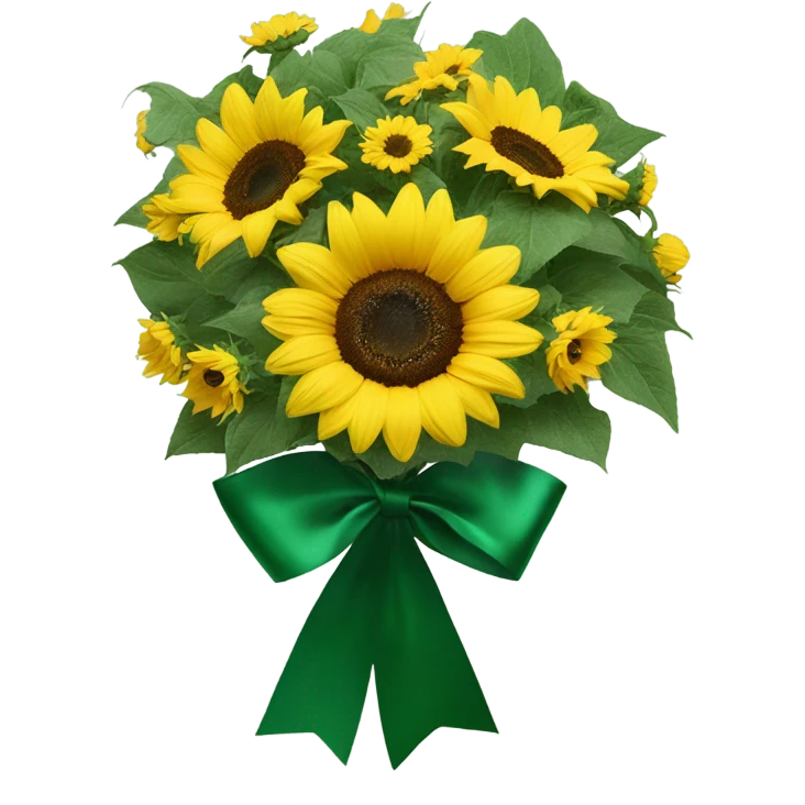 A sunflower ￼bouquet with emerald green bow ￼ emoji