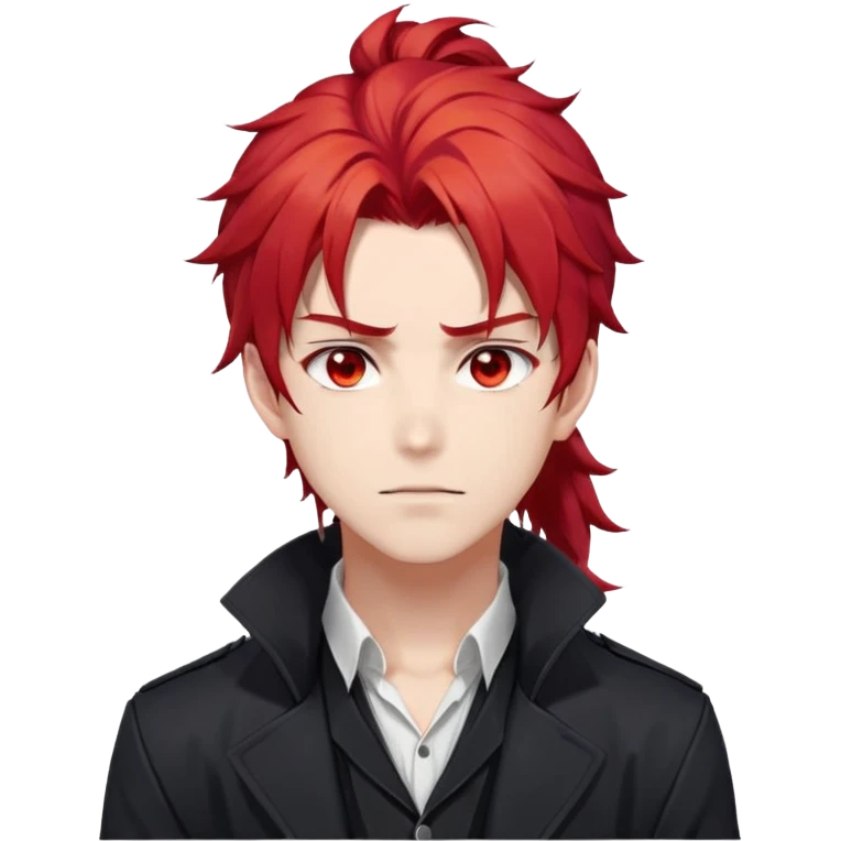 Handsome gorgeous anime man with bright-red hair, thick long messy wavy ponytail, red eyes, white shirt, black jacket, stone face, Diluc from Genshin Impact emoji