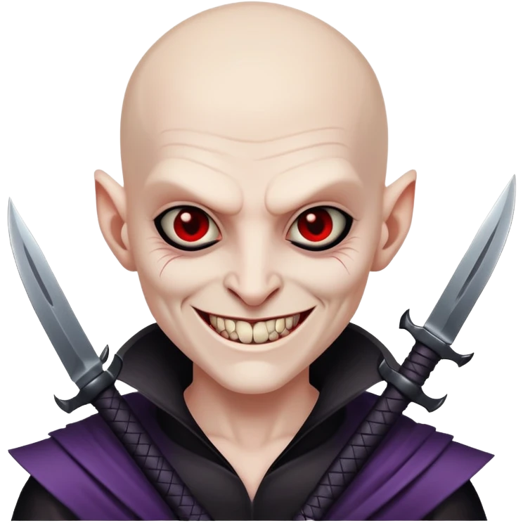 evil villain with razor blade weapons, completely hairless, sinister smile emoji