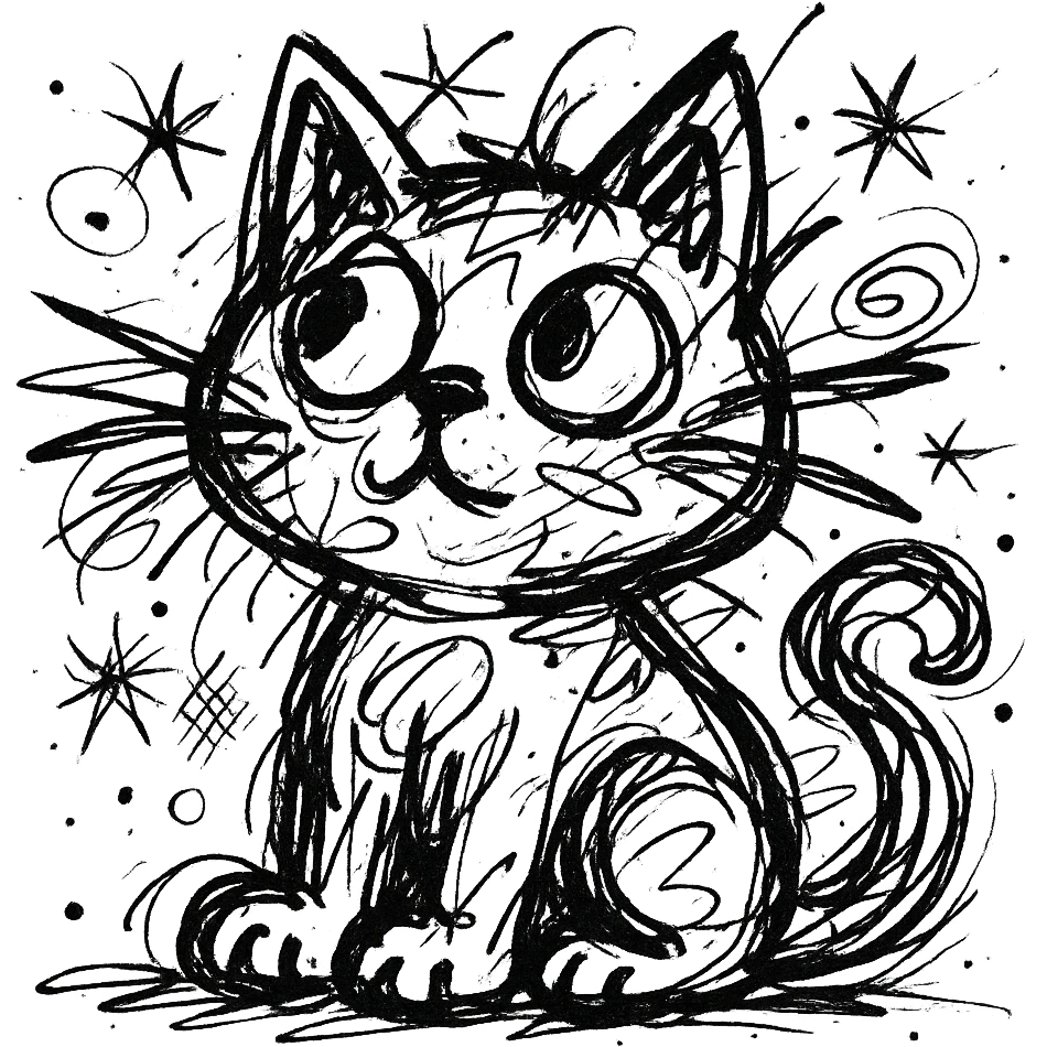 chaotic outlined icon of a cute kitten sitting and looking up, with wild scribbled lines emoji