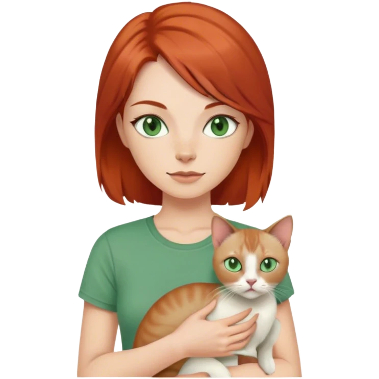 redhaired woman holding a siamese cat, greenish gray eyes, green t-shirt, layered hairstyle, 4k emoji