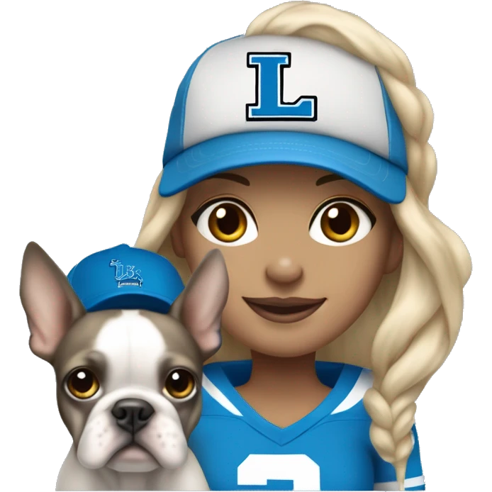 Agirl with shoulder length blond hair wearing a Detroit Lions hat and holding in her arms a gray and white Boston terrier emoji