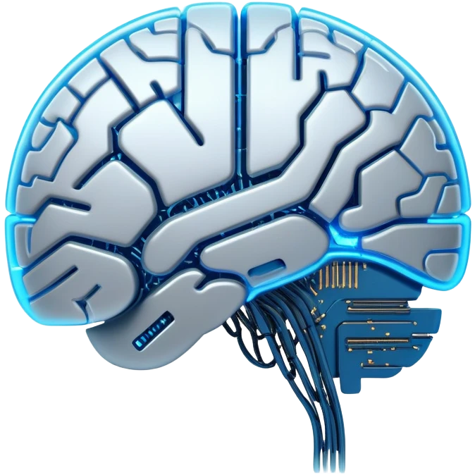 A semi-transparent robotic brain with glowing microchips and intricate circuit patterns inside, futuristic and sleek design, neon blue highlights, digital style emoji
