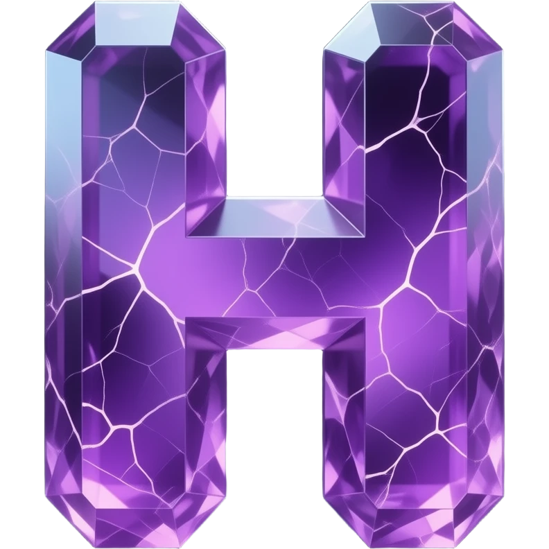 A hyper-realistic 3D letter 'H' carved from translucent purple amethyst, filled with glowing internal fractures. Volumetric lighting, cinematic glow, dark background, 8k resolution, emoji