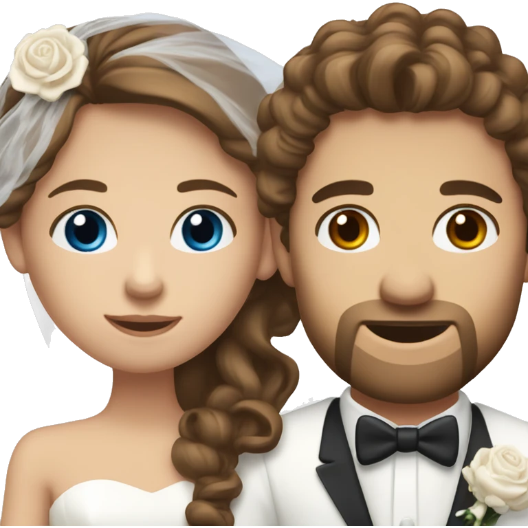 White couple on their wedding day, girl has long brown hair in curls and hazel eyes. Man has short brown hair and blue eyes emoji