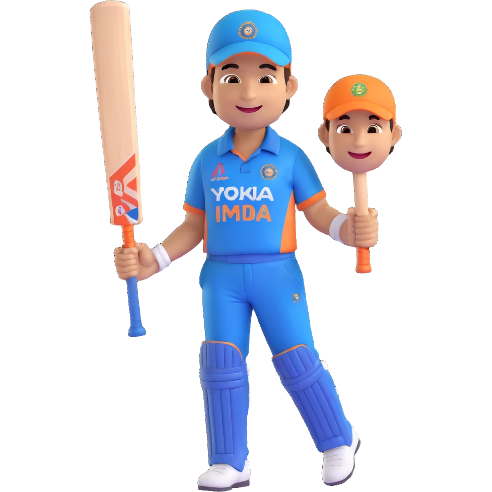 emoji-style illustration of Sachin Tendulkar in a different celebratory pose, cheerful smile, simplified and bold features, holding cricket bat, joyful expression, wearing cricket attire, impression of excitement and achievement, fun and lively emoji emoji