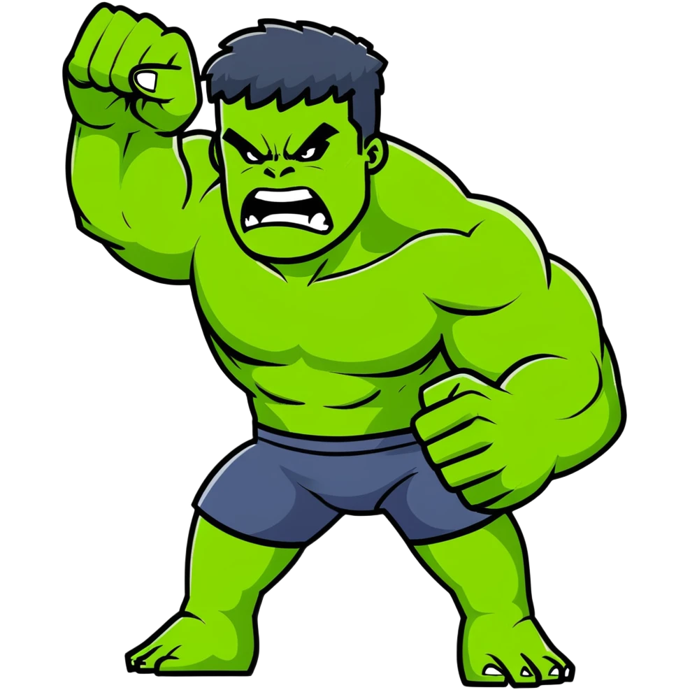 Hulk smashing with fists raised, green muscular superhero breaking ground, action pose, dynamic movement, angry expression emoji