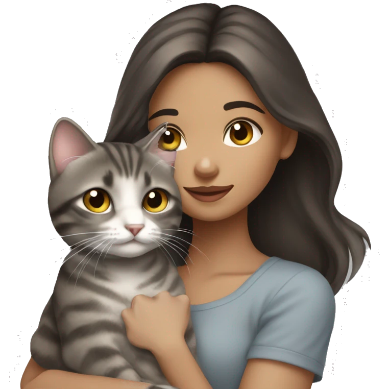 Long Dark brown haired girl with hazel eyes holding gray tabby cat emoji