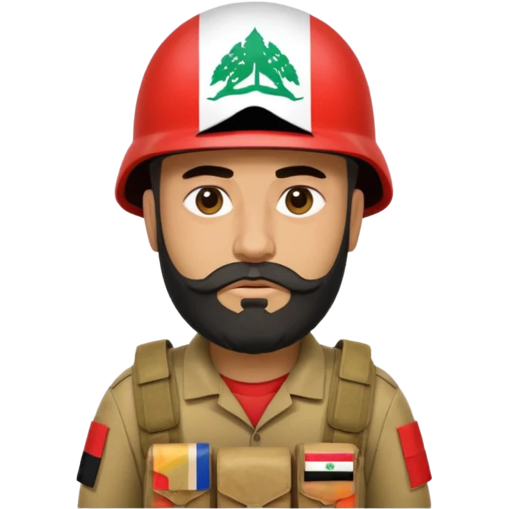A tired, swarthy Iraqi soldier with a beard, an Iraqi flag on his helmet, a sad expression and bags under his eyes emoji