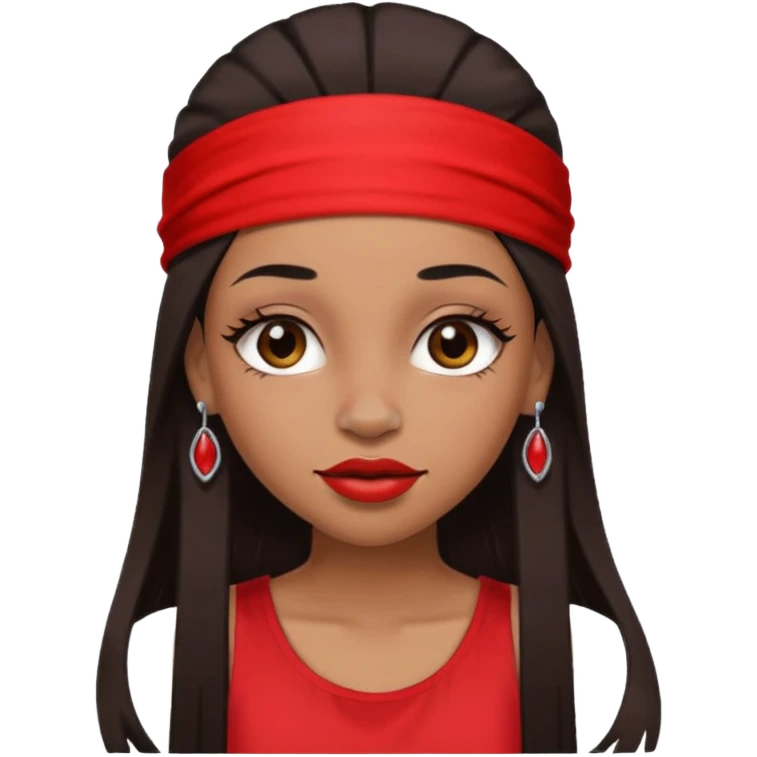 light-skinned black girl with long eyelashes with long strait dark brown hair with edges wearing a red top with no sleeves. and a red accessory on her head with nose and mouth piercings. emoji