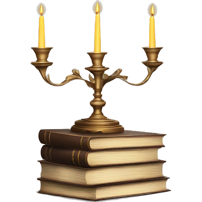 Vintage candelabra with stack of old books behind emoji