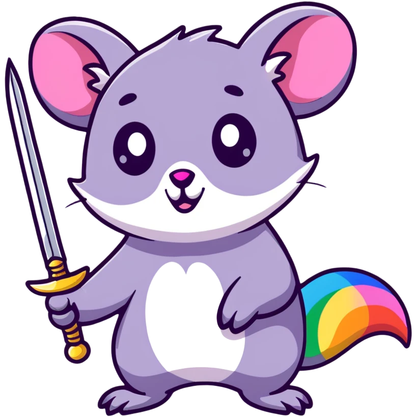 A colorful possum holding a glittery sword, rainbow sparkles, vibrant neon colors, cute big eyes, with stars and hearts background emoji