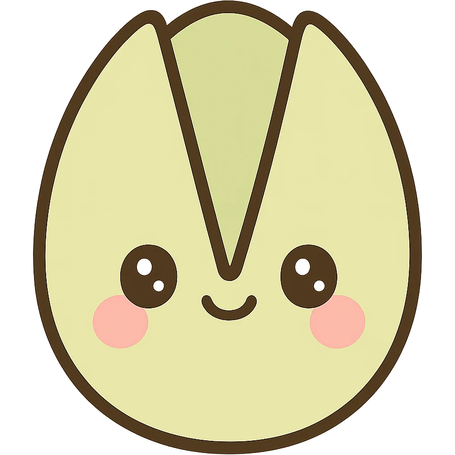 a pistachio nut with a tiny smile and rosy cheeks, kawaii style, soft green and pink tones emoji