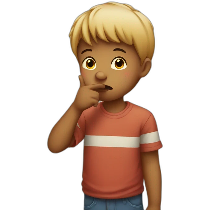 A boy with his finger in his mouth making the silence sign emoji
