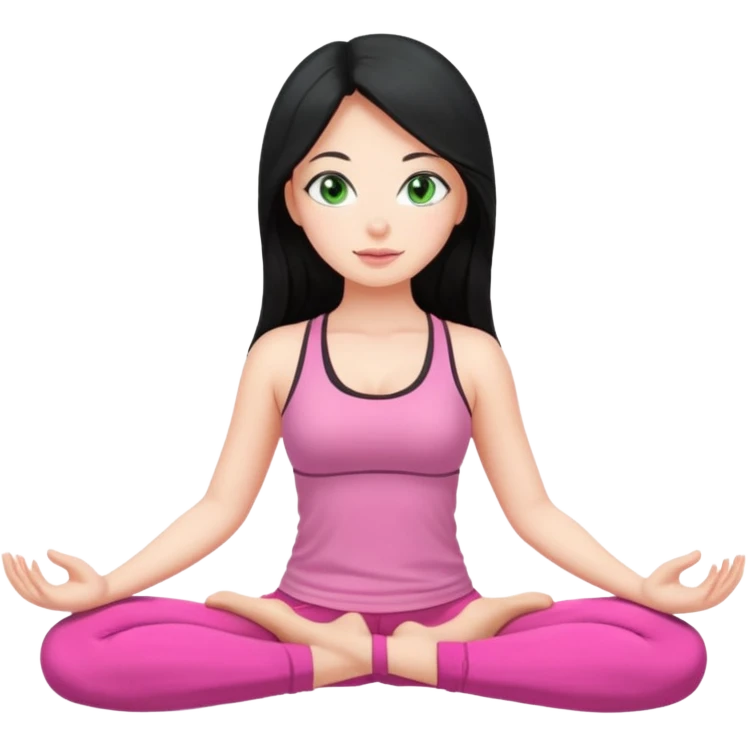 Girl with long black hair with green eyes doing yoga with pink clothes emoji