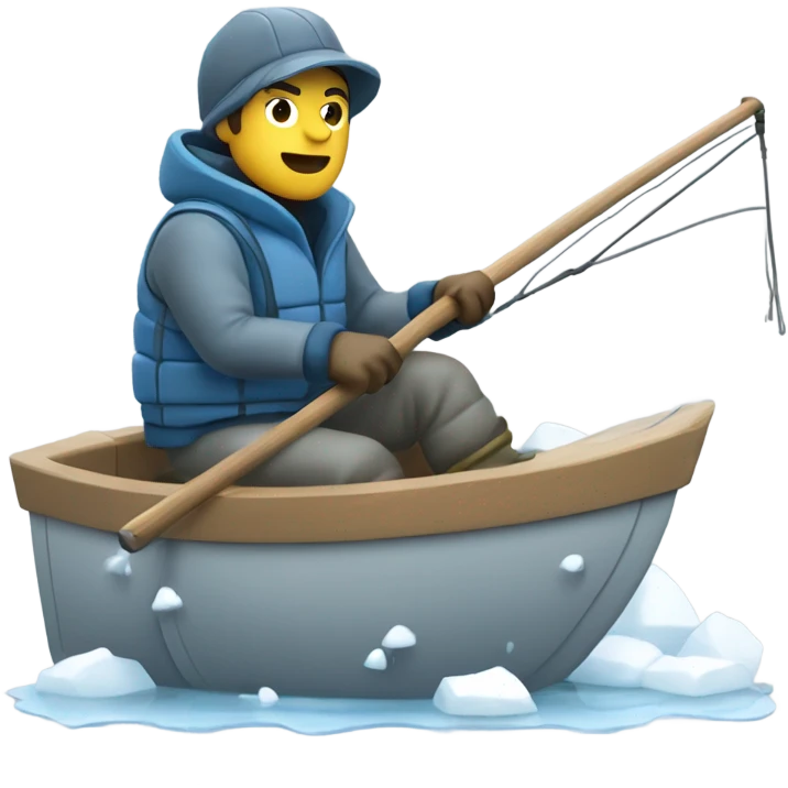 Fisherman in winter gear driving a boat on a slushy lake, pushing through ice. Apple style, side view, focused expression, blue, gray, white palette. emoji
