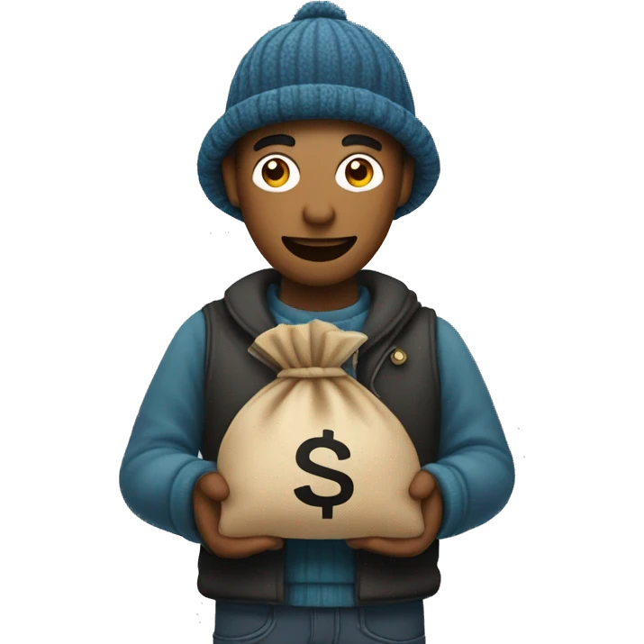 A man with mask,  woolen cap and a money bag in hands emoji