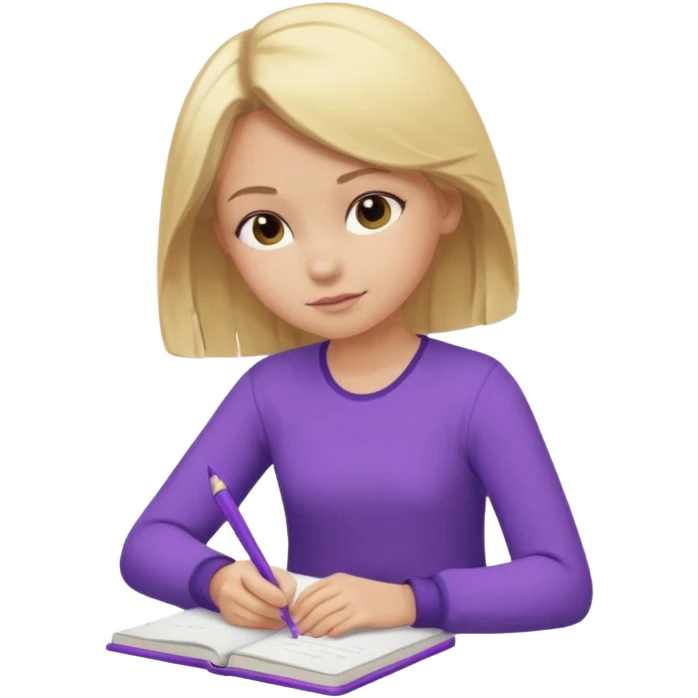 girl sitting, writing in a notebook, blond hair, dressed in purple clothes emoji