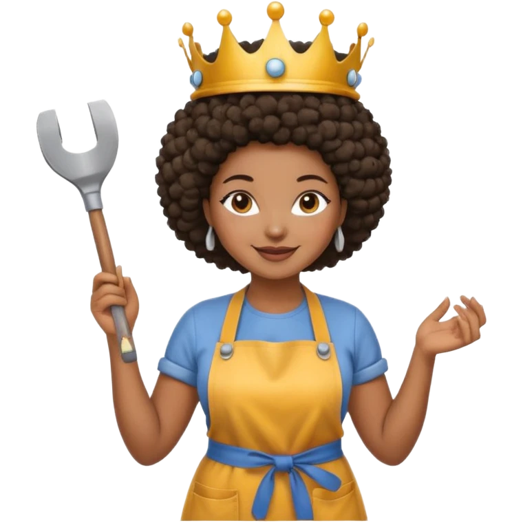 Mujer curvy afro, con vestimenta cómoda y delantal,con una corona sobre su cabeza y sonrisa contagiosa. En la mano herramientas de construcción emoji