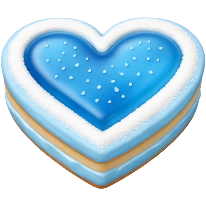 Realistic shortbread cookie in the shape of a heart with Carolina Blue color jelly middle filling and sprinkled powder sugar on top. emoji
