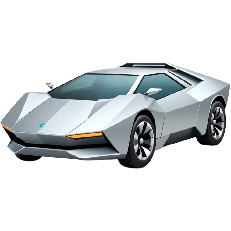 A futuristic chrome car emoji, sharp geometric body design inspired by cybertruck aesthetics, smooth silver metallic surface, matte and glossy chrome mix, minimal details, soft reflections, clean edges, iOS emoji style, centered, clean white background, soft studio lighting, no text emoji