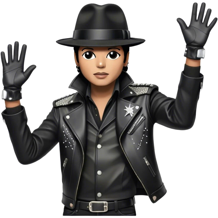 Icon for R&B Music: Michael Jackson in his black fedora, sparkling glove, and leather jacket, striking his famous final pose after performing, with one arm raised and head tilted back. Musical notes surround him, symbolizing the essence of R&B. Transparent background. emoji