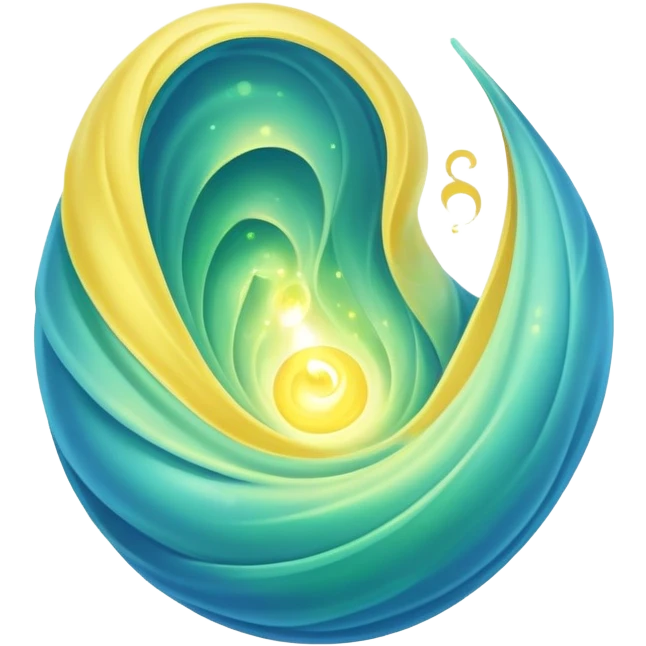 green-blue magical organic cocoon lit up with swirling yellow magic, ethereal and mystical, symbol shape, gentle green-blue hues emoji
