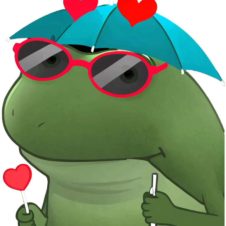 Make this frog look even more like the classic Bufo meme: green, wide-eyed, with the signature Bufo face, wearing a striped umbrella hat, heart-shaped sunglasses, and holding a pink cocktail, in bufo style, no background. emoji