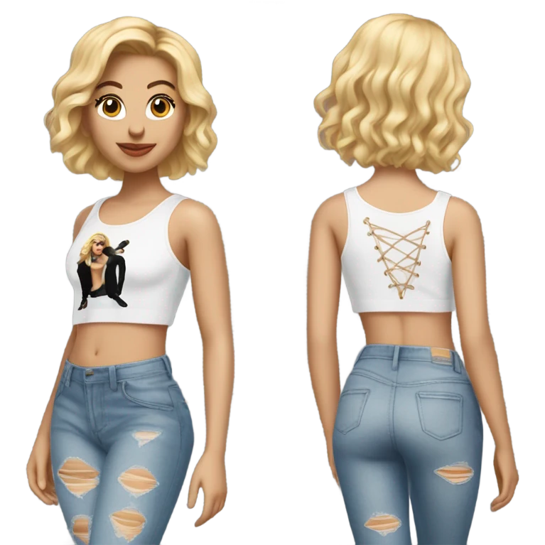 A blonde girl with short hair wearing a Shakira lace up croc top and short jeans and high heels  emoji