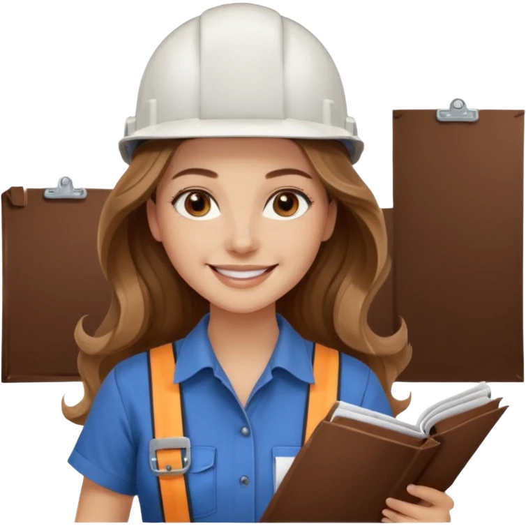 Waist-up female architect. Long light brown wavy hair, middle part. Brown eyes, long lashes, smiling with braces. White helmet with BUT in brown. Holding blueprints. Wearing chocolate Skims tee in natural romantic style. emoji