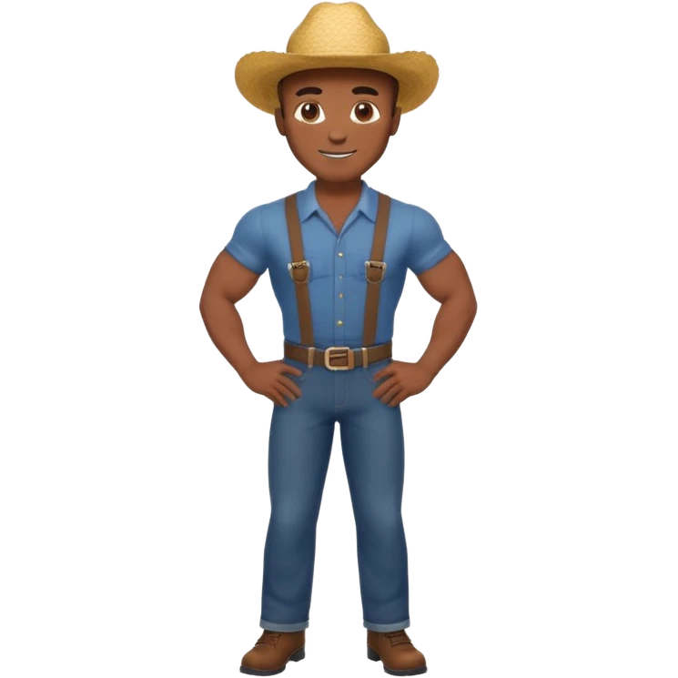 Adult male, brown skin, muscular, confident grin, slightly provocative stance, hands on hips, assertive energy, clearly distinct from Black and Farmer roles emoji