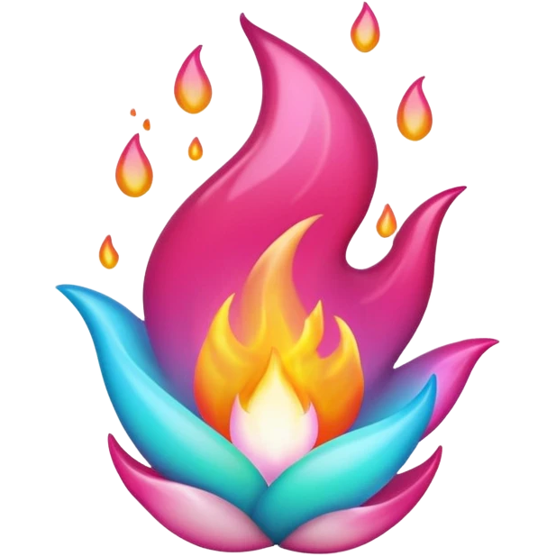 Floating hyper-realistic magenta-pink-white-cyan-gradient ember-flame emoji