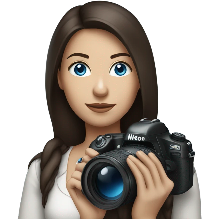 Portrait of woman with blue eyes and dark brown hair holding a nikon camera emoji