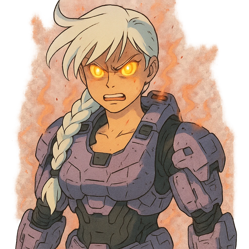 female, wearing reach spartan armor shoulder-unequip, long white braid hair with massive messy front side single bangs, gold yellow eyes, attention pose, D-cup size, HALO:series, no helmet, the armor is lavender color scheme, eyes glowing, demon eye, gleam, rage aura, body steaming emoji