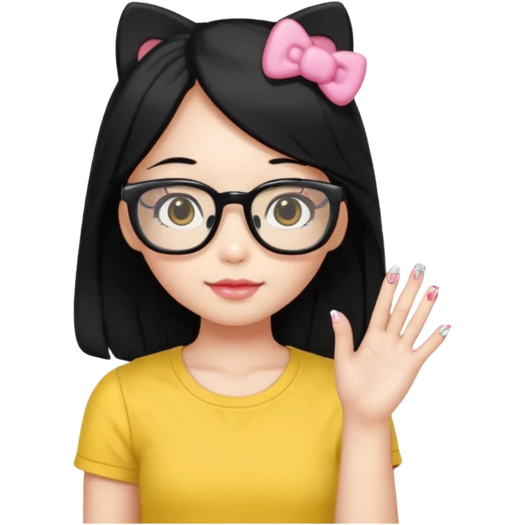Nails cute with hello kitty wear glasses black long  hair wear, yellow shirt emoji