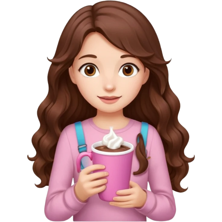 menina branca com cabelos castanhos longos ondulados com xícara rosa na frente com chocolate quente, com blusa de alça fina emoji
