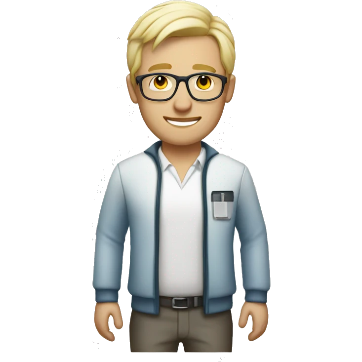 a male pharma employee, full body, dressed with short white jacket. blonde hair with glasses emoji