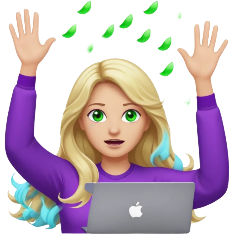 lady with long wavy blonde hair, purple top, green eyes, throwing her with a purple mac laptop hands in the air crying emoji